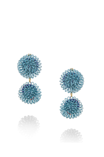 Double PomPom Earrings - Light Blue