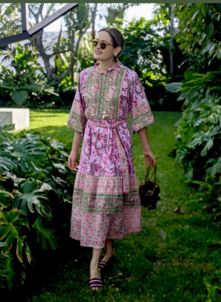 Paloma Flounce Dress - Pink / Green Patio